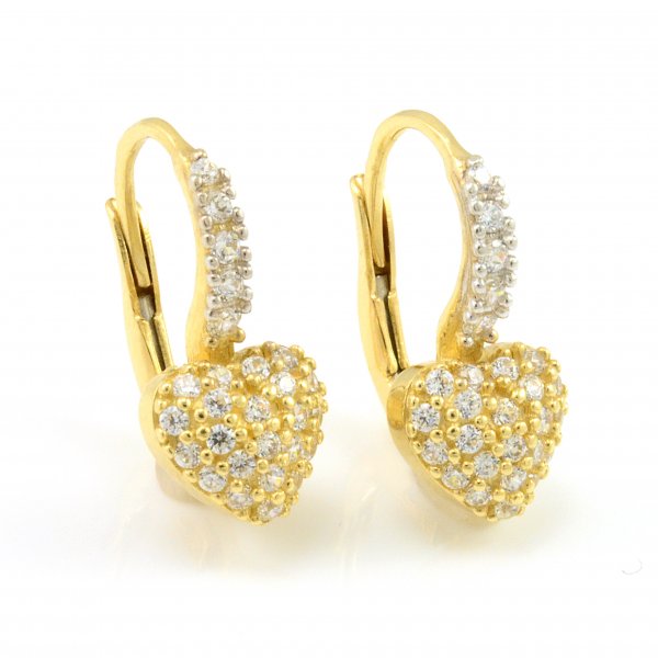 Náušnice zo žltého zlata srdiečka veľké s kamienkami po celej náušnici