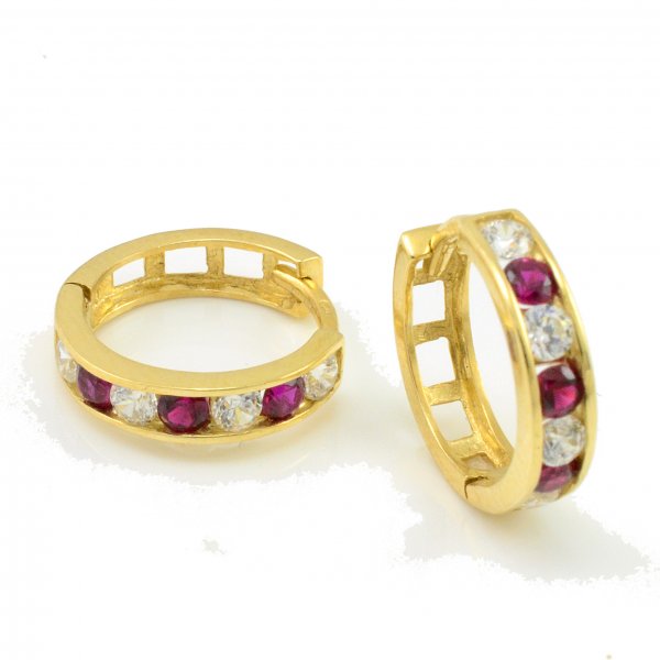 Náušnice zo žltého zlata krúžky kameňové s červenými zirkónmi 14 mm priemer