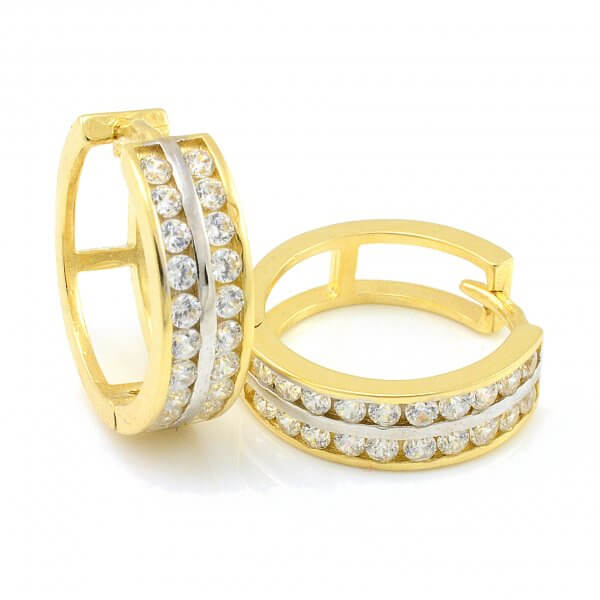 Náušnice zo žltého zlata krúžky kameňové dvojradové s čírimi zirkónmi 14 mm priemer
