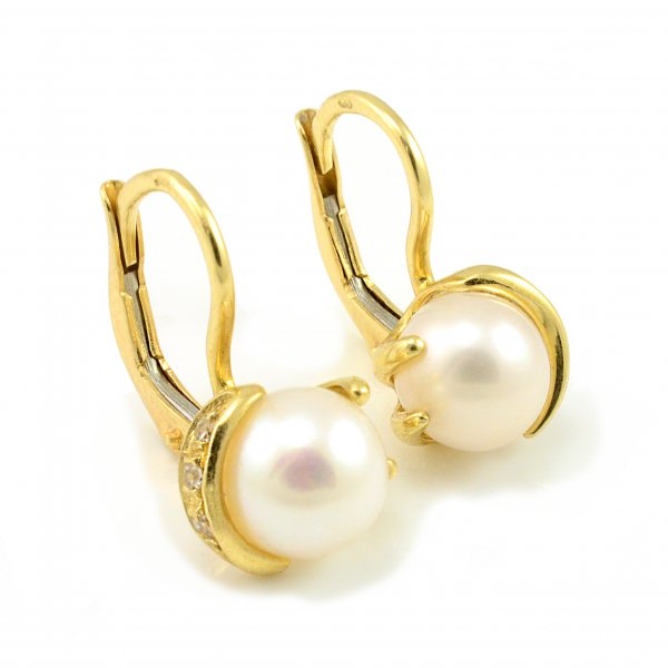 Náušnice zo žltého zlata veľká biela prírodná perla 8mm tri zirkóniky 