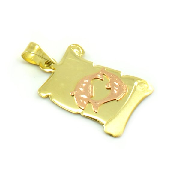 Znamenie zo žltého zlata v tvare zvinutého listu papiera-ryby