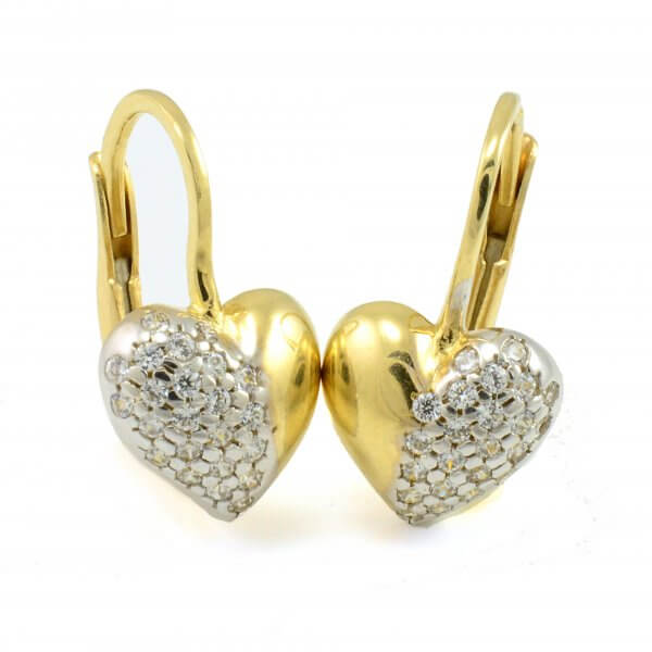 Náušnice zo žltého zlata srdiečka veľké s kamienkami na polovici