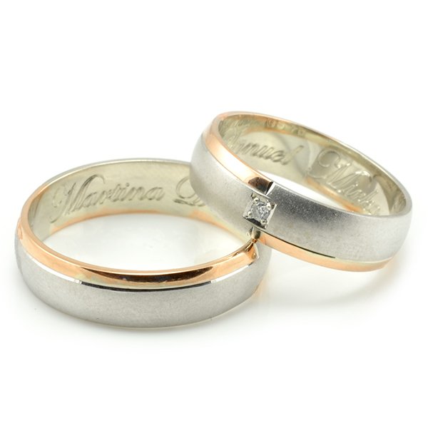 Svadobné obrúčky z červeného a bieleho zlata jeden zirkón