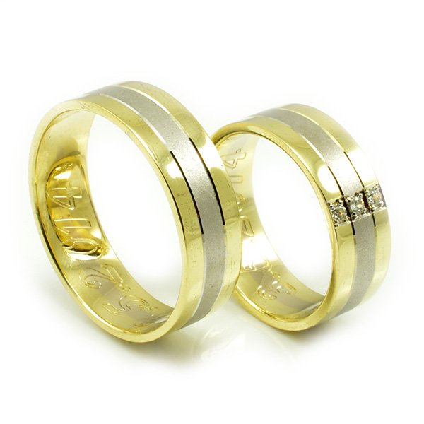 Svadobné obrúčky zo žltého a bieleho zlata s tromi zirkónmi 