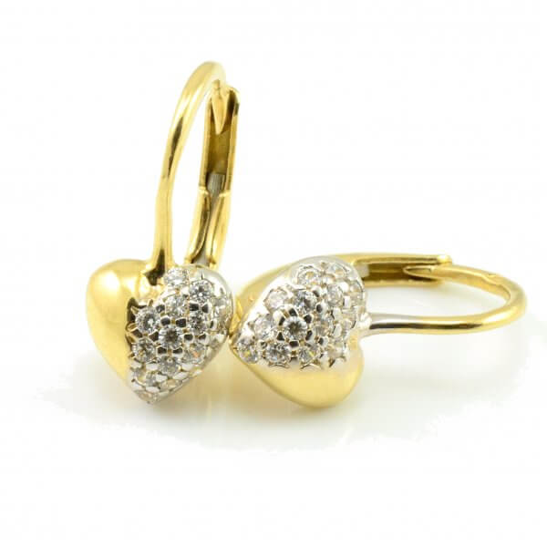 Náušnice zo žltého zlata srdiečka s kamienkami na polovici
